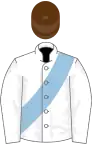 WHITE, light blue sash, brown cap