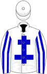 White, blue cross of lorraine, striped sleeves, white cap