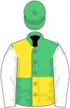 Emerald green and yellow (quartered), white sleeves, emerald cap