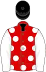 Red, white spots and sleeves, black cap