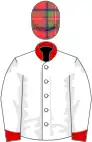 White, red collar and cuffs, tartan cap