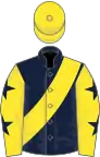 Dark blue, yellow sash, yellow sleeves, dark blue stars, yellow cap