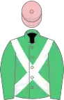 Emerald green, white cross-belts, pink cap