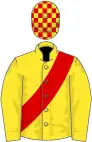 Yellow, red sash, check cap