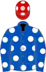 Royal blue, white spots, red cap, white spots