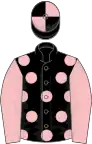 Black, pink spots, pink sleeves, quartered cap