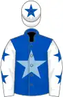 Royal blue, light blue star, white sleeves, royal blue stars, white cap, royal blue star