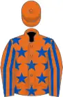 Orange, royal blue stars, striped sleeves, orange cap