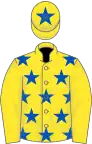 Yellow, royal blue stars, yellow sleeves, yellow cap, royal blue star