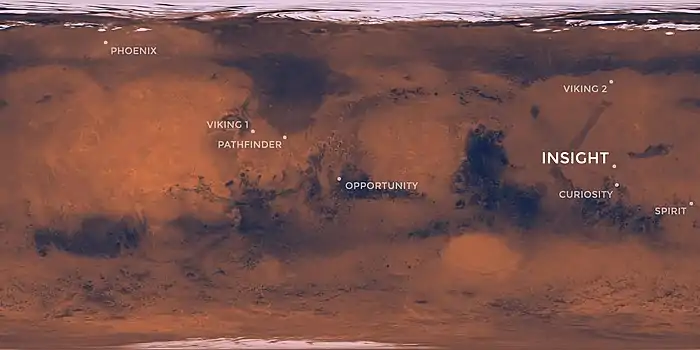 InSight landing zone target with other NASA landing zones