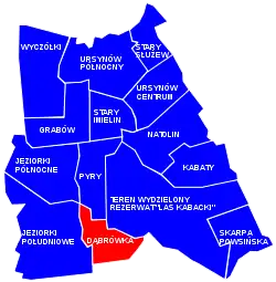 Location of Dąbrówka within the district of Mokotów, in accordance to the City Information System.