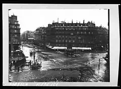 The great flood of Paris in January 1910. Looking to the rue Saint-Lazare from the square Gabriel Péri. The railway station Paris Saint-Lazare is on the left.