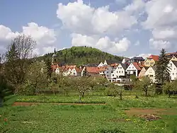 Pegnitz with Church of Saint Bartholomew on the left and castle hill in the background