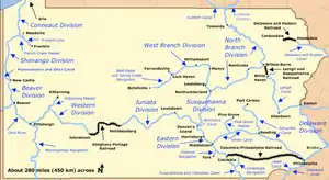 A network of east-west canals and connecting railroads spanned Pennsylvania from Philadelphia to Pittsburgh. North-south canals connecting with this east-west canal ran between West Virginia and Lake Erie on the west, Maryland and New York in the center, and along the border with Delaware and New Jersey on the east. Many shorter canals connected cities such as York, Port Carbon, and Franklin to the larger network.