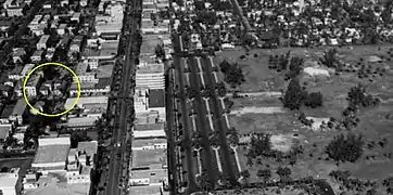 North aerial view of Penthouse Court in 1948 the Tropical Garden can be seen on the east side of the building,