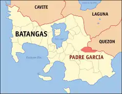 Map of Batangas with Padre Garcia highlighted