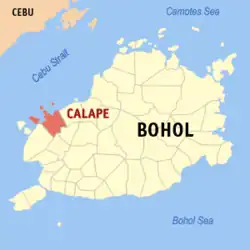 Map of Bohol with Calape highlighted