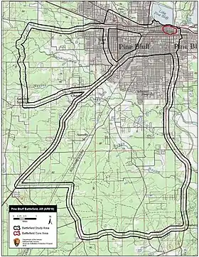 Map of Pine Bluff Battlefield core and study areas by the American Battlefield Protection Program.