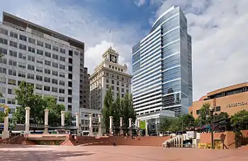 The Fox Tower (right) viewed from Pioneer Courthouse Square