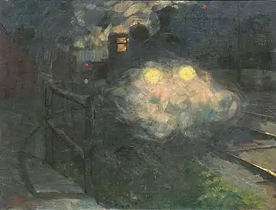 Evaporating locomotive at night, 1896 by Hermann Pleuer (1863–1911)