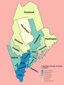 A map of the population density of Maine's sixteen counties (2020)