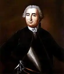 A half-length portrait of a man dressed mainly in black, but also wearing a metal breastplate, against a dark brown background. He is wearing a powdered wig.