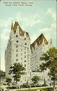 Postcard of the building-in-progress Chateau Qu'Appelle published and distributed in or about 1913.