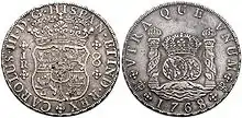 1768 silver Spanish Dollar, or eight  reales coin (the "piece of eight" of pirate fame), minted throughout the Spanish Empire