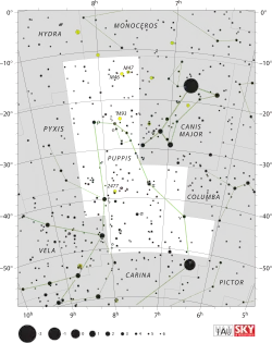 Diagram showing star positions and boundaries of the Puppis constellation and its surroundings