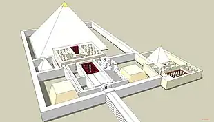 Drawing of a pyramid surrounded by a wall. A building with many rooms extends from one side of the pyramid, and at the opposite end of the building a causeway extends out of the frame.