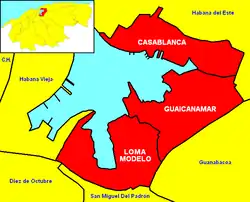 Location of Casablanca (the northernmost of  the 3 wards) within Regla and Havana