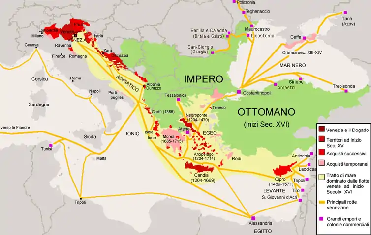 Marked in red, the domains of the Republic of Venice between the 15th and 16th centuries