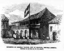 President Walker's house in Granada, Nicaragua. On 12 October 1856, during the siege of Granada, Guatemalan officer José Víctor Zavala ran under heavy fire to capture the Walker flag and bring it back to the Central American coalition army trenches shouting "Filibuster bullets don't kill!" Zavala survived this adventure unscathed.