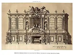 drawing of an ornate combination bookcase and chimneypiece