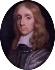 A circular portrait of Richard Cromwell. Cromwell has shoulder length blonde hair and is wearing silver armour.