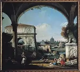 Roman Capriccio with Triumphal Arch, the Pyramid of Cestius, St. Peter's Basilica and the Castle of the Holy Angel. Bernardo Bellotto and Francesco Zuccarelli. Mid–1740s. Galleria nazionale, Parma.