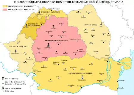 Administrative map of the Roman Catholic Church in Romania