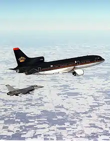 Royal Jordanian 1 is escorted on 4 February 1999 by an F-16 of the Minnesota Air National Guard during King Hussein's return to Jordan. He died 3 days later.