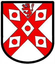 5 rustres—Argent; on a saltire gules five rustres argent, in chief a lion rampant of the second (gules)—Dalrymple of Woodhead, Scotland