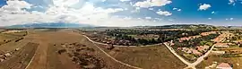 Aerial view of Sâmbăta de Jos and the Făgăraș Mountains