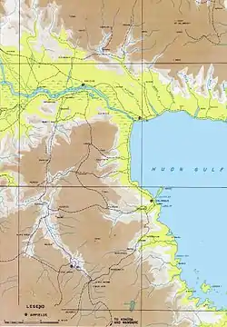 Topographic map of north east New Guinea, showing the Huon gulf on the right, the Markham River running across the top, and the Wau-Bulolo Valley on left.