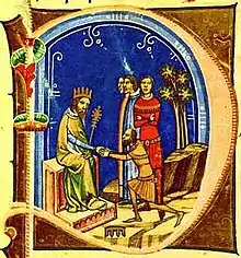 A miniature depicting a bearded bald man before an other bearded man who sits on a throne and wears a crown