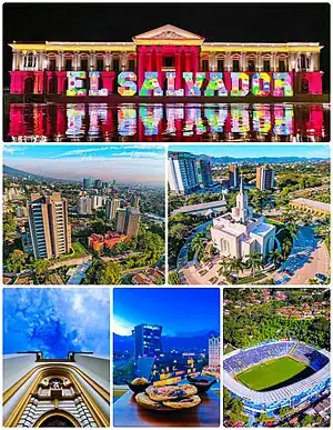 Images, from top, left to right: National Palace of El Salvador, Zona Rosa (San Salvador), Temple of El Salvador, Metropolitan Cathedral of San Salvador, Skyline of San Salvador, Zona Rosa and Cuscatlán Stadium