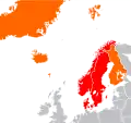 Nordic countries (orange and red) and Scandinavian countries (red)