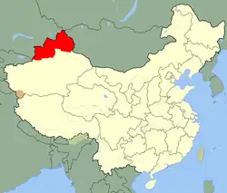 The Ili, Tarbaghatay and Altay districts (red) controlled by the East Turkestan Republic