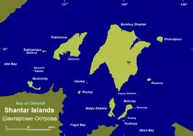 Map of the Shantar Islands. Maly Shantar is the small, elongated island just south of Bolshoy Shantar (on the left)