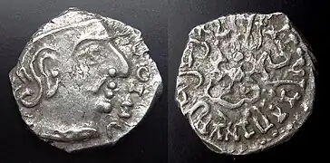 Coin of Gupta Chandragupta II with pseudo-Greek legend in the obverse. 4th century CE