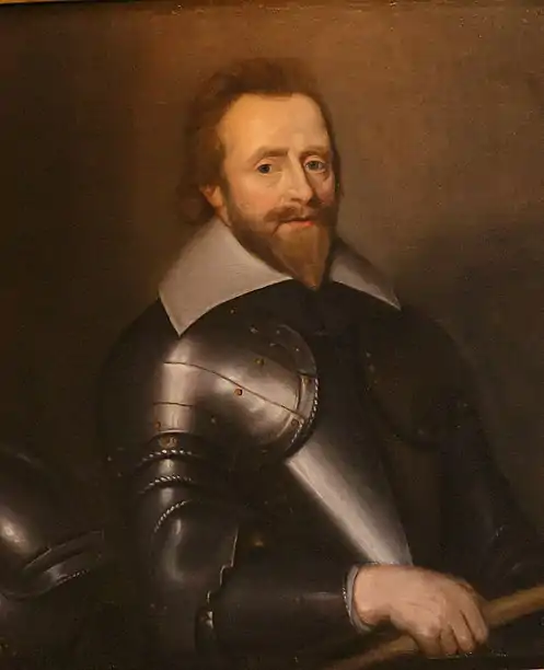 A painted portrait of Donough MacCarty, 1st Earl of Clancarty, showing a clean-shaven man with long curly hair or such a wig, clad in armour, standing in front of some drapery giving a view on a distant landscape