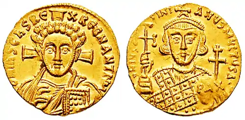 Emperor Justinian II, Fool-for-Christ, on the reverse of this coin, holding a patriarchal globe with PAX, "peace".