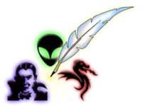 vampire, face of little green man, feather pen (quill) and fire-breathing dragon – to the right of that are scripted words "Speculative (over) Fiction"